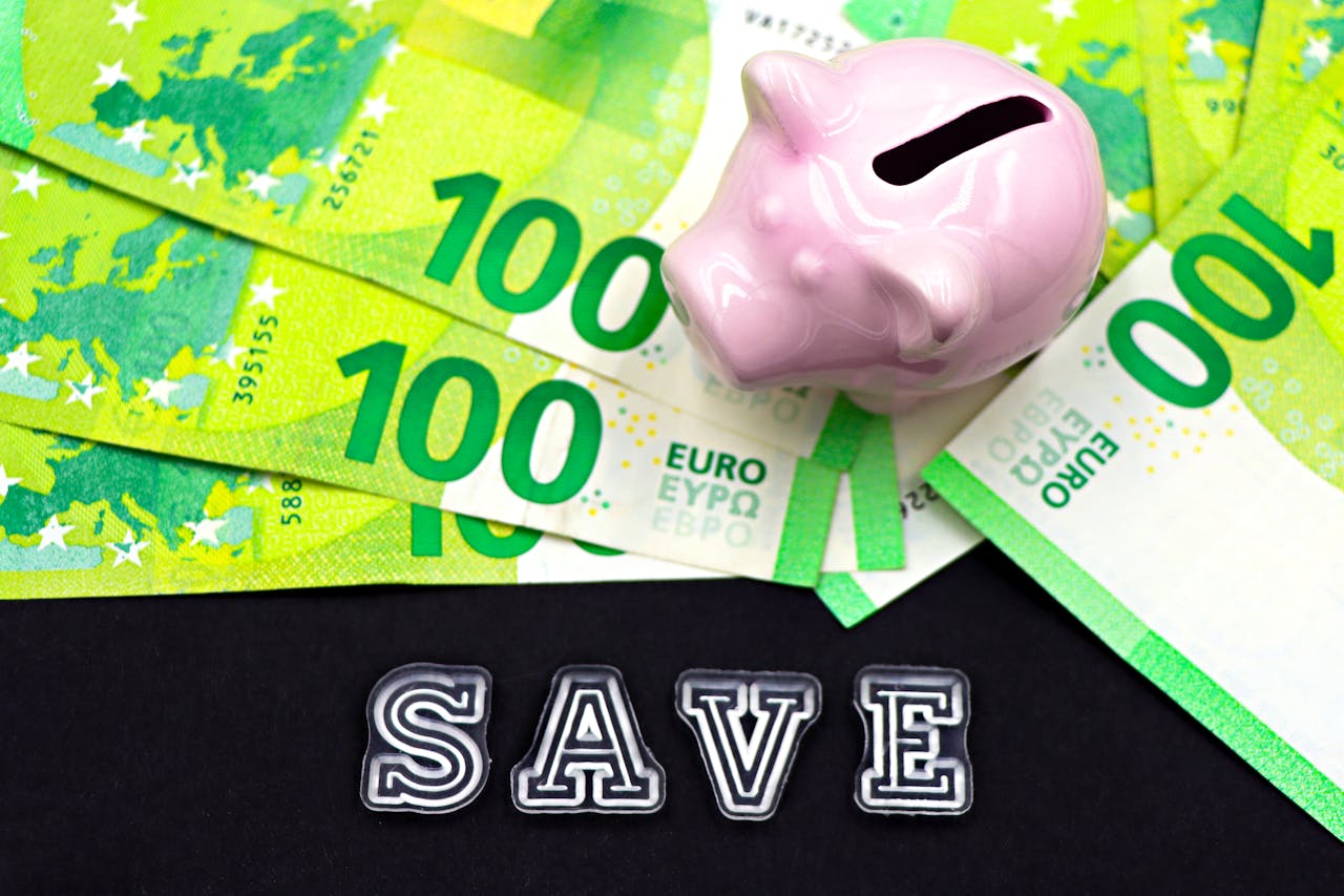 Offres A piggy bank on euro bills with 'save' text highlights money saving concepts.