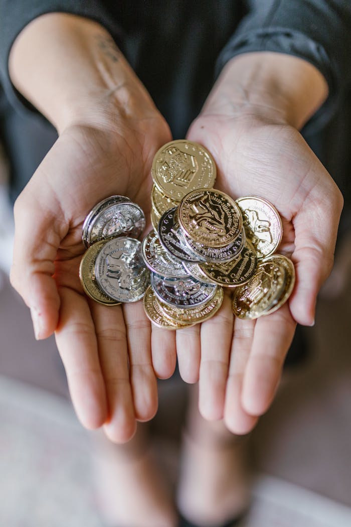 Maison A close-up of hands holding various coins symbolizing wealth and finance.